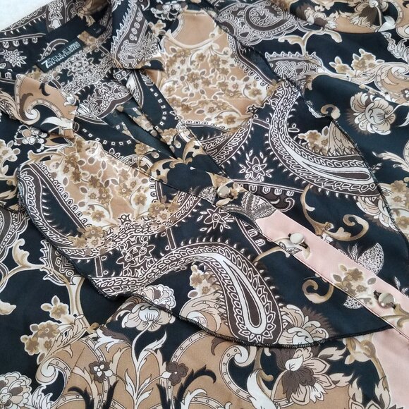7th Avenue Paisley Blouse LARGE Black Brown Tan Pink Ruffle Button Front V Neck  - Picture 15 of 15